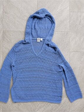 Roxy Beachy Blue Crochet V-Neck Hooded Sweater